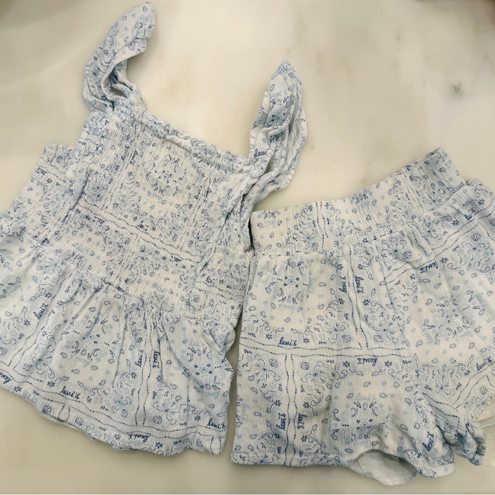 Blue and White Levi’s Top and Shorts Set